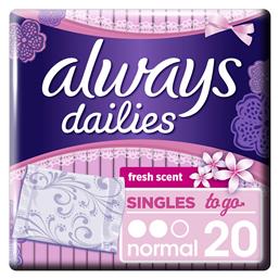 Always Dailies Singles To Go Normal Fresh Scent Σερβιετάκια για Κανονική Ροή 2 Σταγόνες 20τμχ από το Pharm24