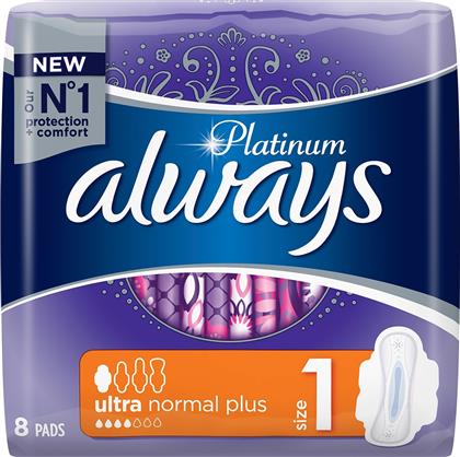 Always Platinum Ultra Normal Plus Σερβιέτες με Φτερά για Κανονική Ροή 4 Σταγόνες Μέγεθος 1 8τμχ