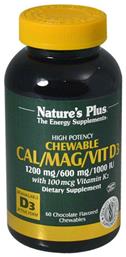 Nature's Plus Cal/Mag/Vit D3 with Vitamin K2 1iu 60 μασώμενες ταμπλέτες