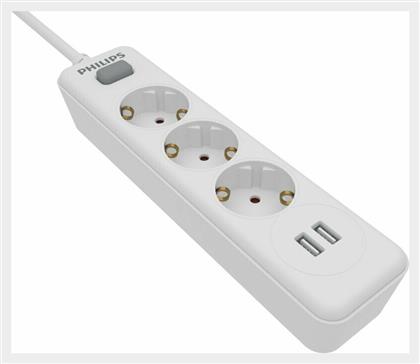 Philips Πολύπριζο 3 Θέσεων με Διακόπτη, 2 USB και Καλώδιο 1.5m Λευκό