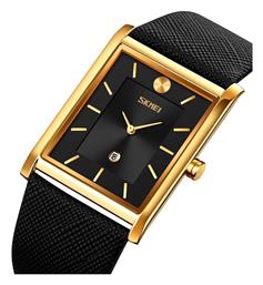 Skmei 9256 Ρολόι Μπαταρίας με Δερμάτινο Λουράκι Black/Gold