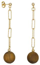 Σκουλαρίκια Κρεμαστά από Ασήμι Επιχρυσωμένα με Πέτρες Καφέ