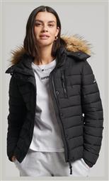 Superdry Fuji Κοντό Γυναικείο Puffer Μπουφάν με Γούνινη Κουκούλα για Χειμώνα Μαύρο