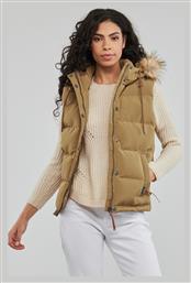 Superdry Vintage Everest Κοντό Γυναικείο Αμάνικο Puffer Μπουφάν με Γούνινη Κουκούλα για Χειμώνα Μπεζ